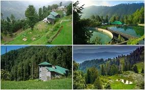 A collage of four scenic views of Nathia Gali, Pakistan, showcasing lush green hills, dense pine forests, charming cottages with green rooftops, and a serene water reservoir surrounded by nature.